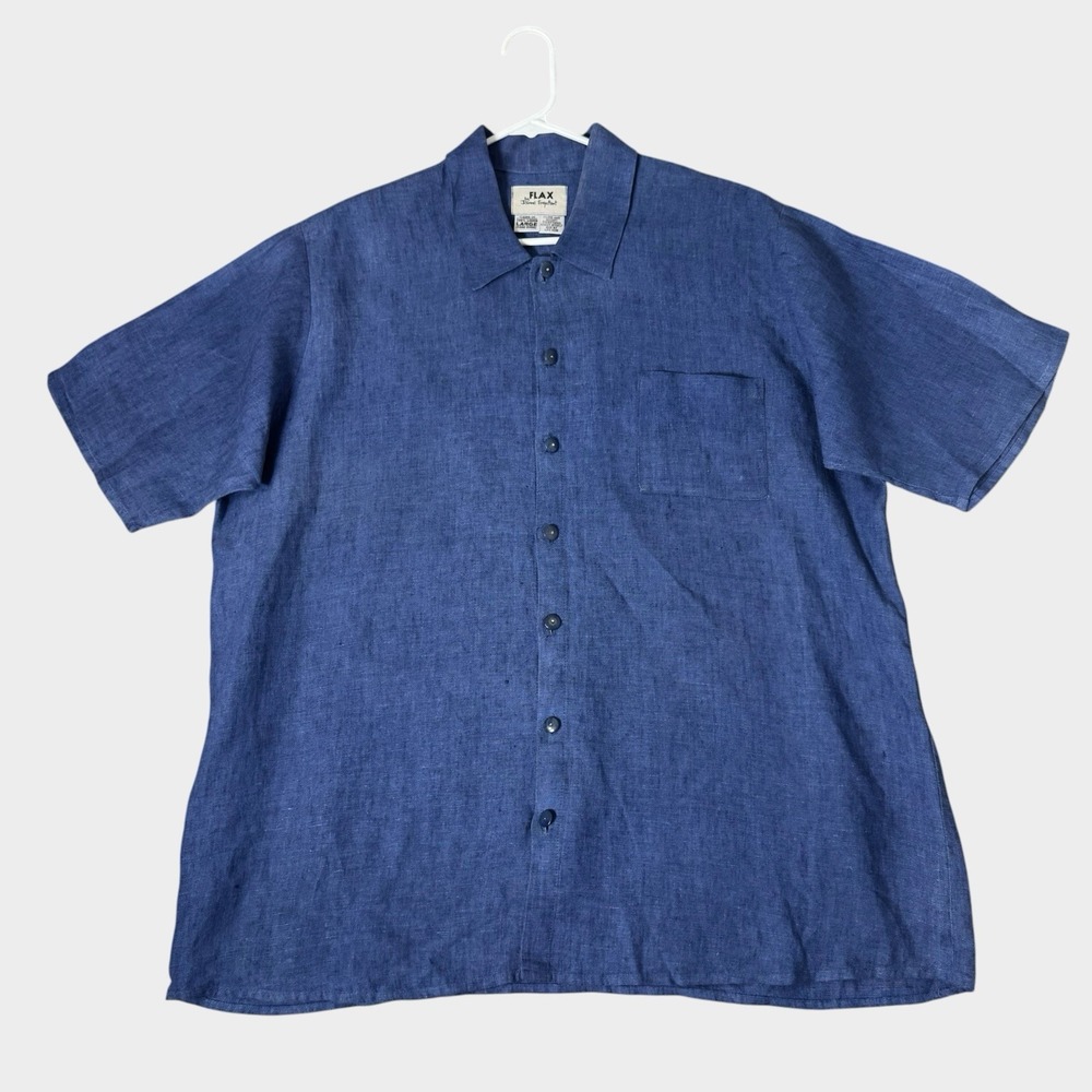 FLAX 100% Linen Camp Shirt Short Sleeve Mens Large Blue Coastal Old Money Resort